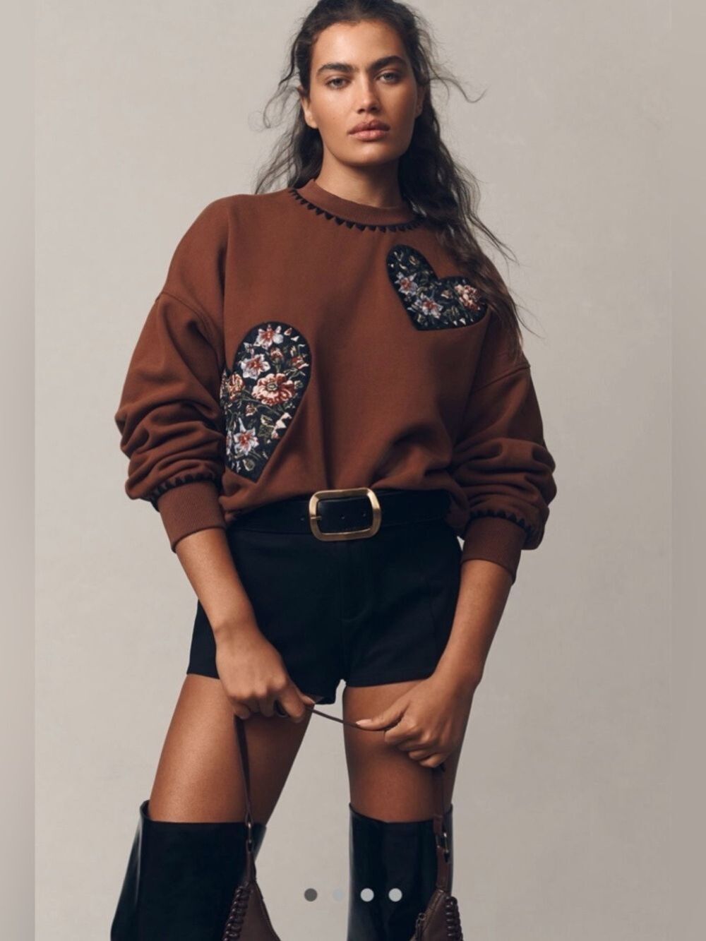 Anthropologie Rhode Adrien Sweatshirt SZ S Quilted Heart Embroidered Brown